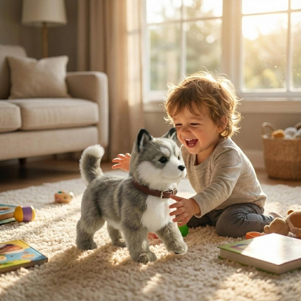 Elektronischer Husky Roboter Hund, interaktives Plüschtier mit Animatronik für spielende Kinder.
