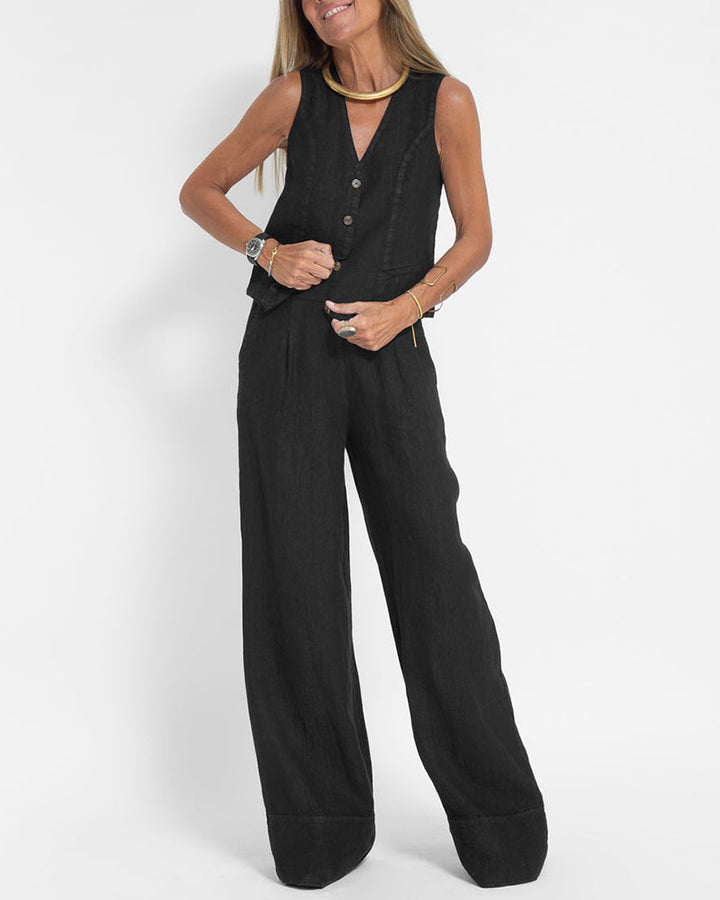 Bequemes Damen Zweiteiler Set Herbst: weite Hose & stylische Weste für lässigen Chic im Alltag.