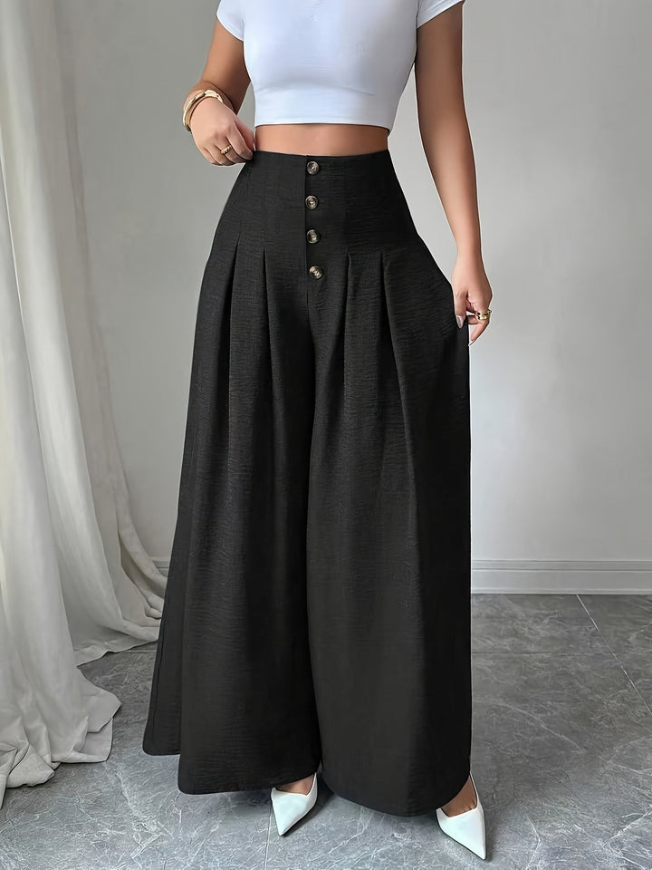Vielseitige Damenhose Weitbein, High-Waist, mit feinen Falten und edlen Knopfakzenten, stilvoll.