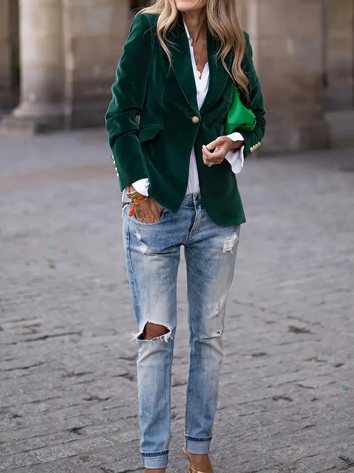 Grüner Damen Business-Blazer, Ein-Knopf, ideal für Meetings oder elegante Abendessen.