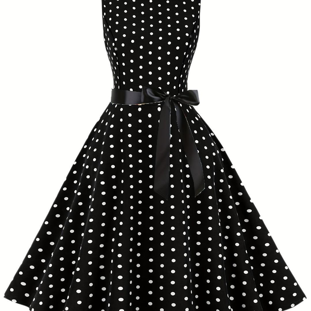 Eleganz pur: Damen Polka Dot Kleid im Rockabilly Vintage Stil, A-Linie, als Party- oder Sommerkleid tragbar.