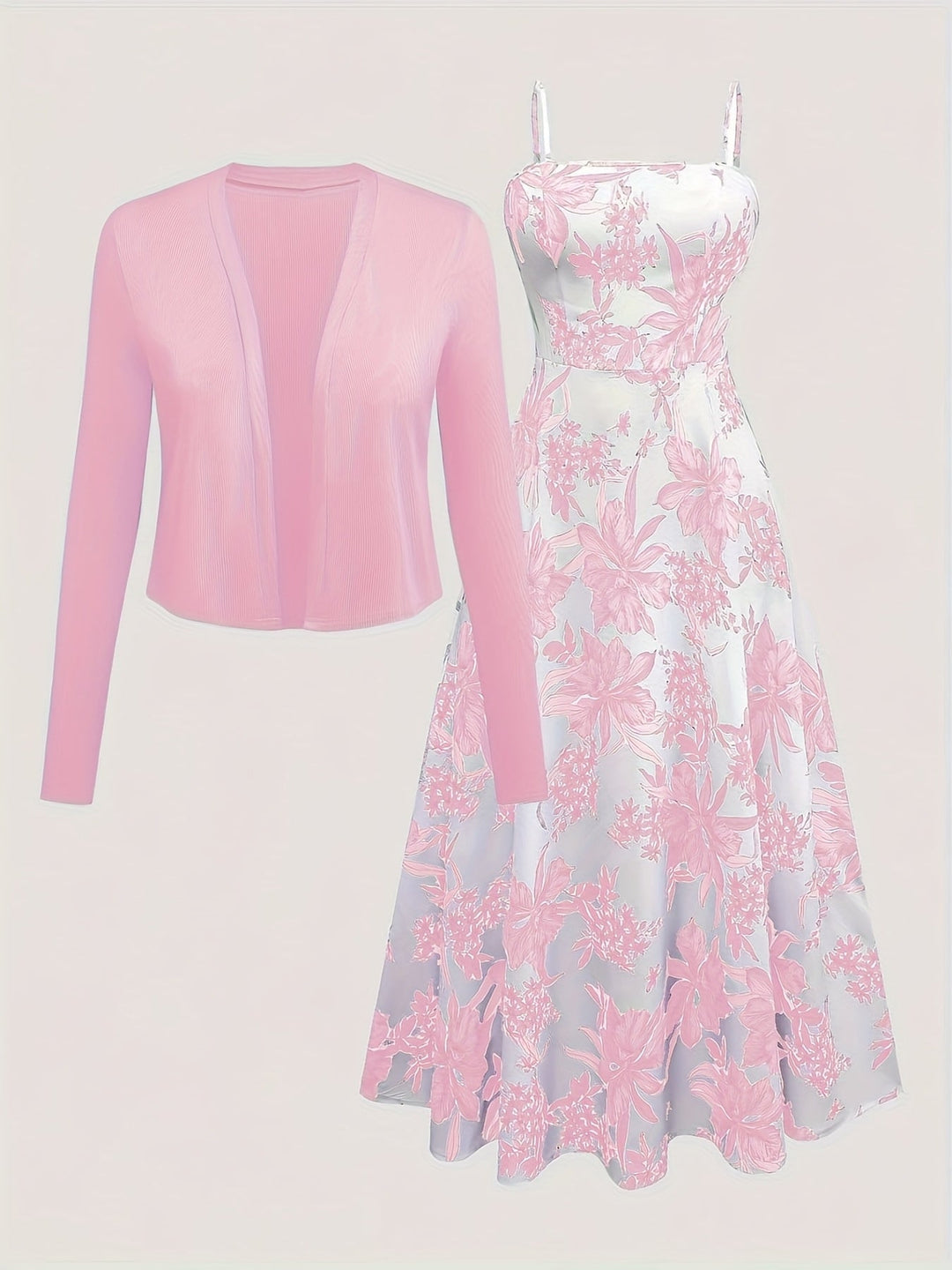 Model trägt feminines Damen Midikleid Set: Blumenmuster Kleid & Cardigan für einen stilvollen Frühlingslook.