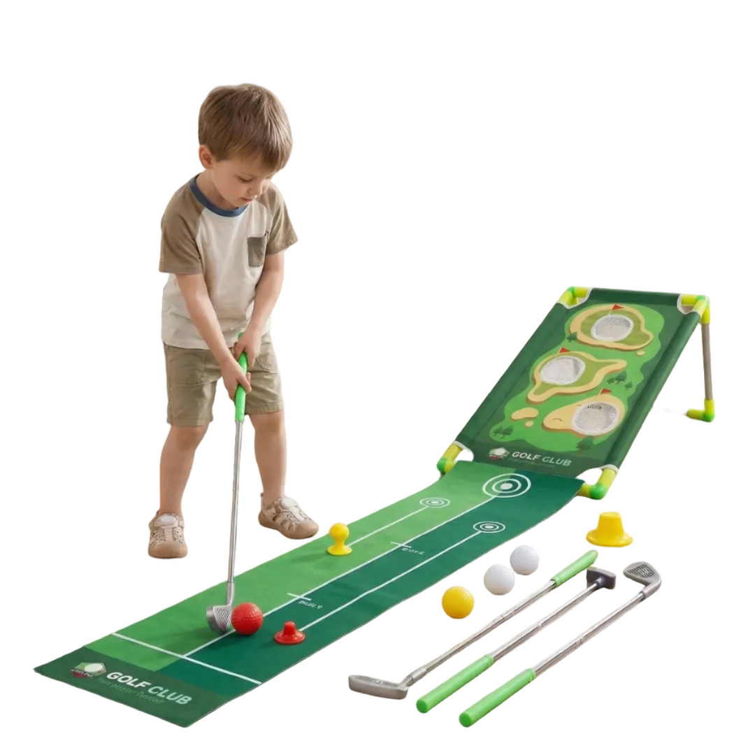 Tragbares Mini-Golf-Set mit Puttingmatte, Schläger & Bällen. Ideal für Indoor- & Outdoor-Training, Familienspaß & Büro.