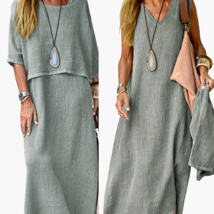 Damen Sommer Set im Boho-Stil, langes Maxikleid & Crop-Top, bequem & chic für Freizeit.