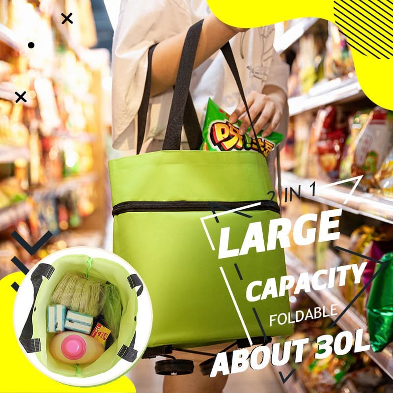 CarryFlex 2-in-1 Einkaufstasche, schwarz, gefaltet. Wiederverwendbare Tasche ohne Rollenfunktion, handlich.