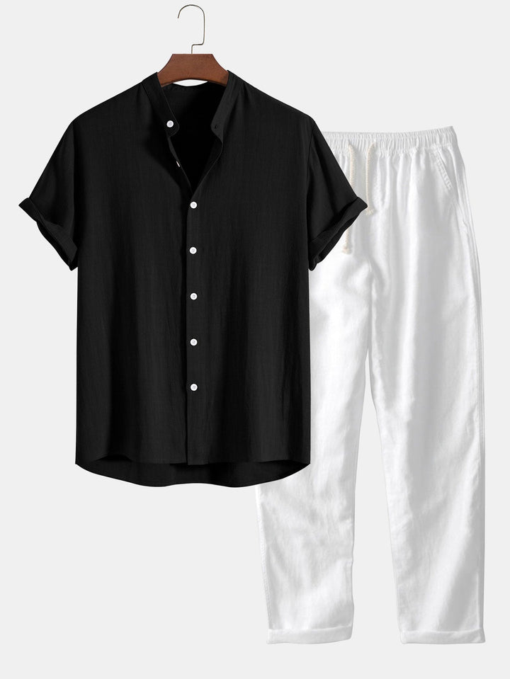Herren Freizeit-Outfit: Kurzarmhemd mit Stehkragen & passende Hose; Eleganz & Komfort.