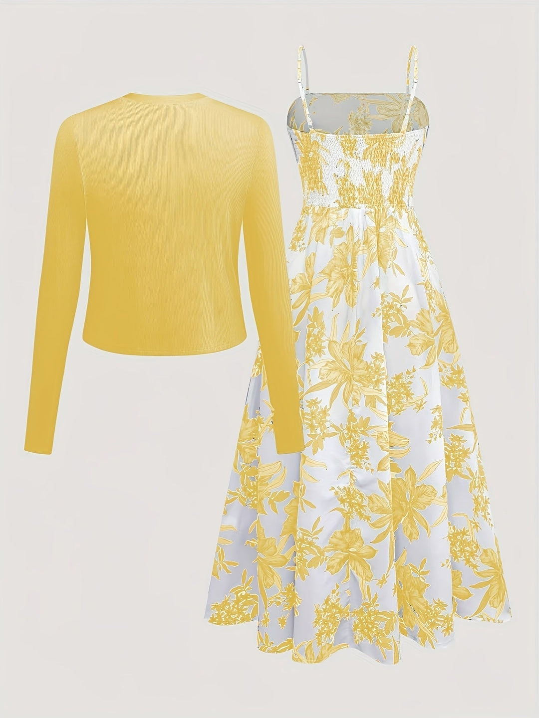 Vielseitiges Damen Zweiteiler Set: sommerliches Blumenmuster Midikleid & leichter Cardigan für warme Tage.