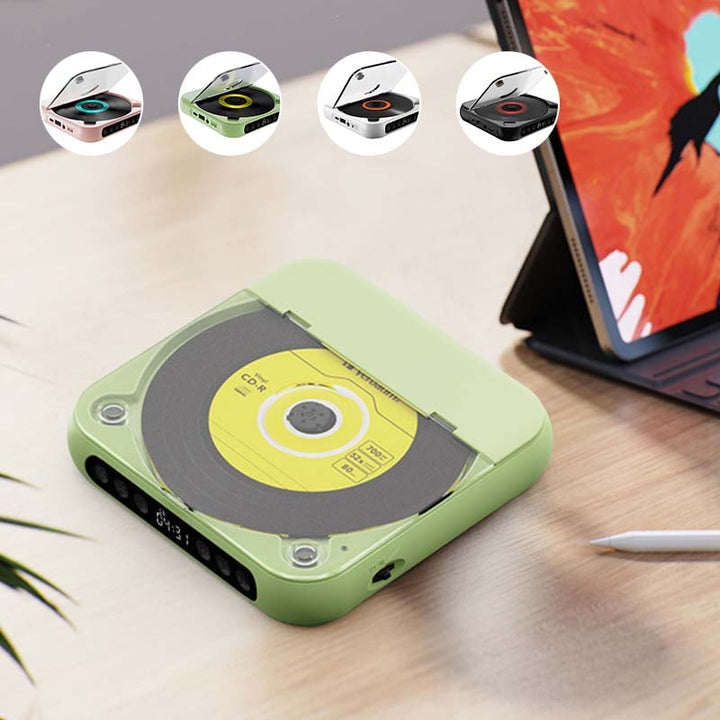 Bluetooth CD-Player von der Seite, schlankes Profil und praktische Anschlussmöglichkeiten.