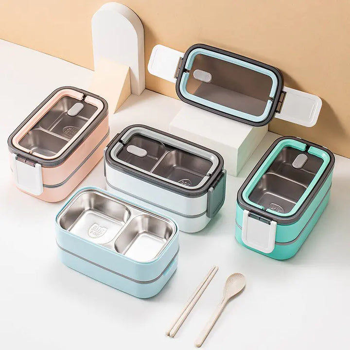 Nachhaltige 2-Schicht Edelstahl Bento Box für frische Mahlzeiten unterwegs, ideal für Büro, Schule & Picknick.