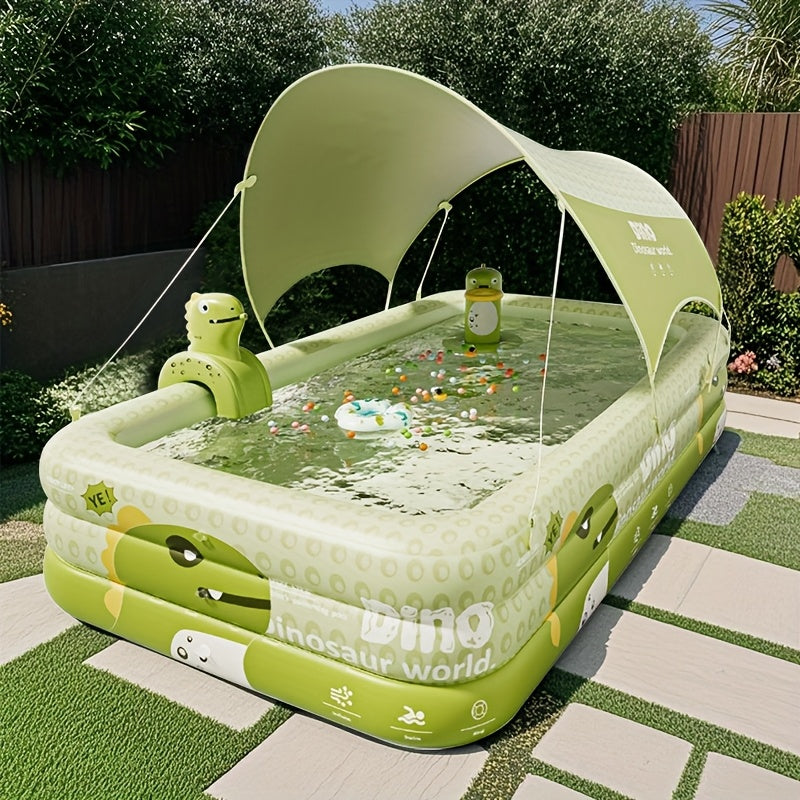 Aufblasbares Kinderplanschbecken mit UV-Schutz-Sonnendach & Dino-Sprüher für Sommerspaß im Garten.