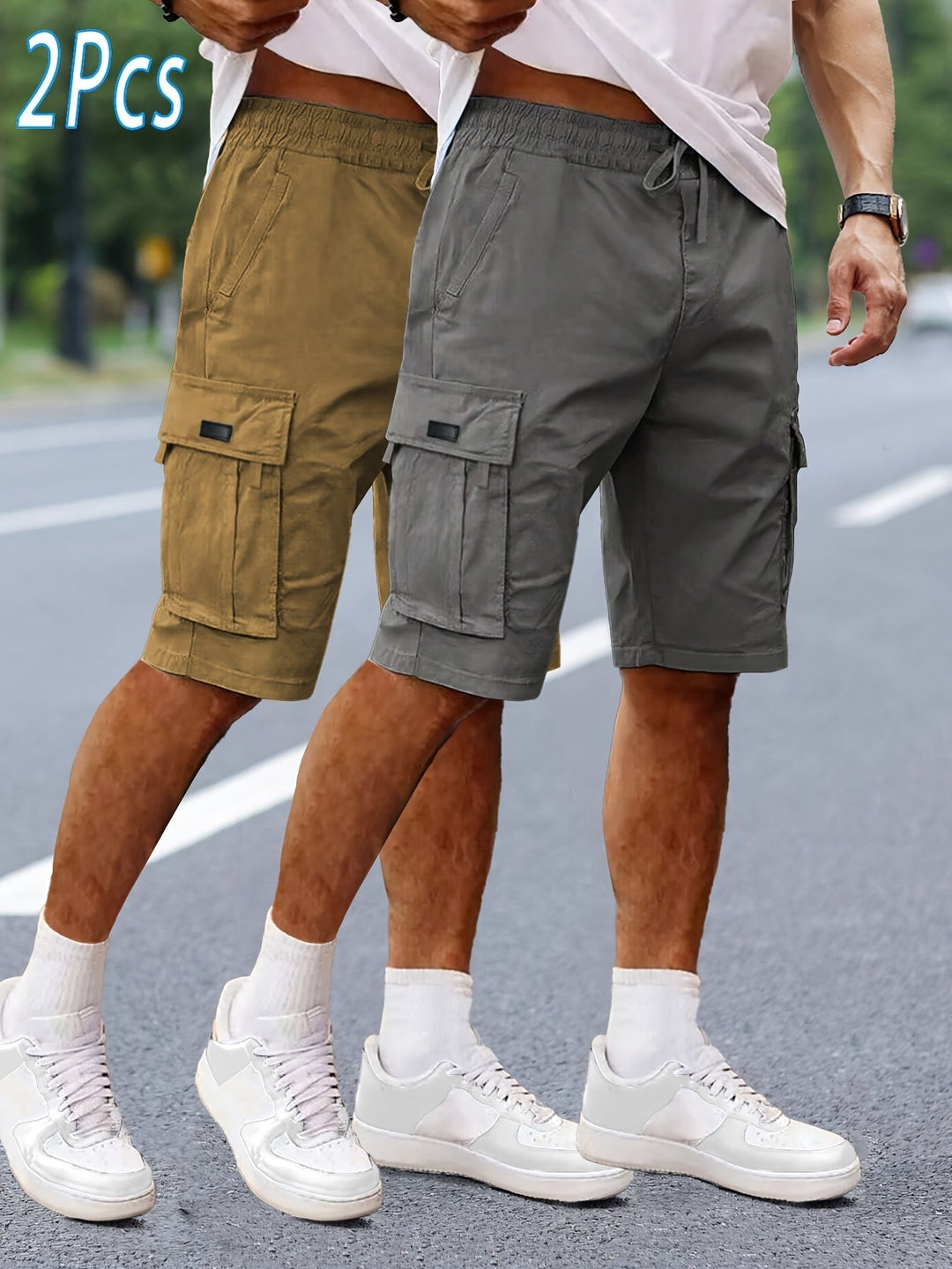 Robuste Herren Cargo Shorts im praktischen 2er-Pack, perfekt für Frühling, Sommer & Sport. [[lstfy-media:2]]