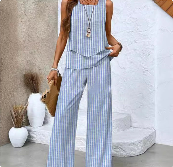 Entspannter Damen Sommer-Zweiteiler: Elegante weite Hose & ärmelloses Top für Urlaub & sommerliche Events.