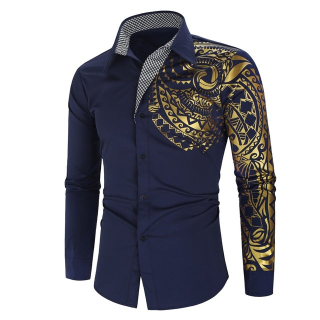 Festliches Herrenhemd mit Goldakzenten, ideal als Partyhemd oder elegante Abendmode für Männer.