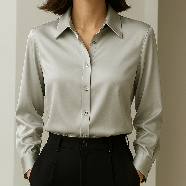 Schimmernde Langarm-Damenbluse mit durchgehender Knopfleiste und eleganten Ärmelmanschetten. Ideal für Damenmode.