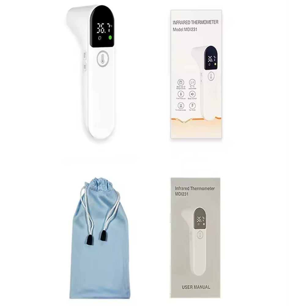 Nahaufnahme des Farbdisplays eines berührungslosen Fieberthermometers mit gut lesbarer Temperaturanzeige.