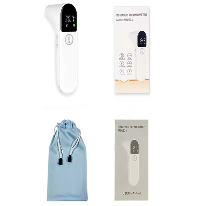 Nahaufnahme des Farbdisplays eines berührungslosen Fieberthermometers mit gut lesbarer Temperaturanzeige.