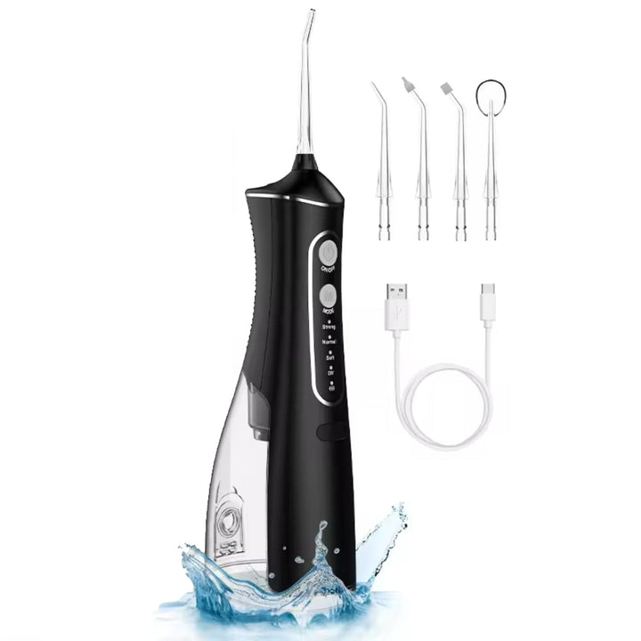 Kabelloser Wasser-Flosser in Schwarz für gründliche Zahnreinigung & Mundhygiene; wiederaufladbar & tragbar.