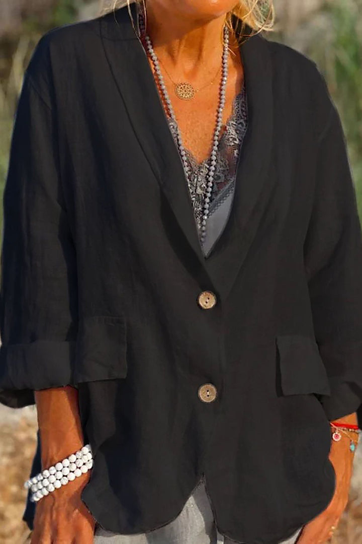 Stilvoller Damen Leinenblazer mit V-Ausschnitt und Knopfleiste, ideal als Sommer- oder Frühlingsjacke.