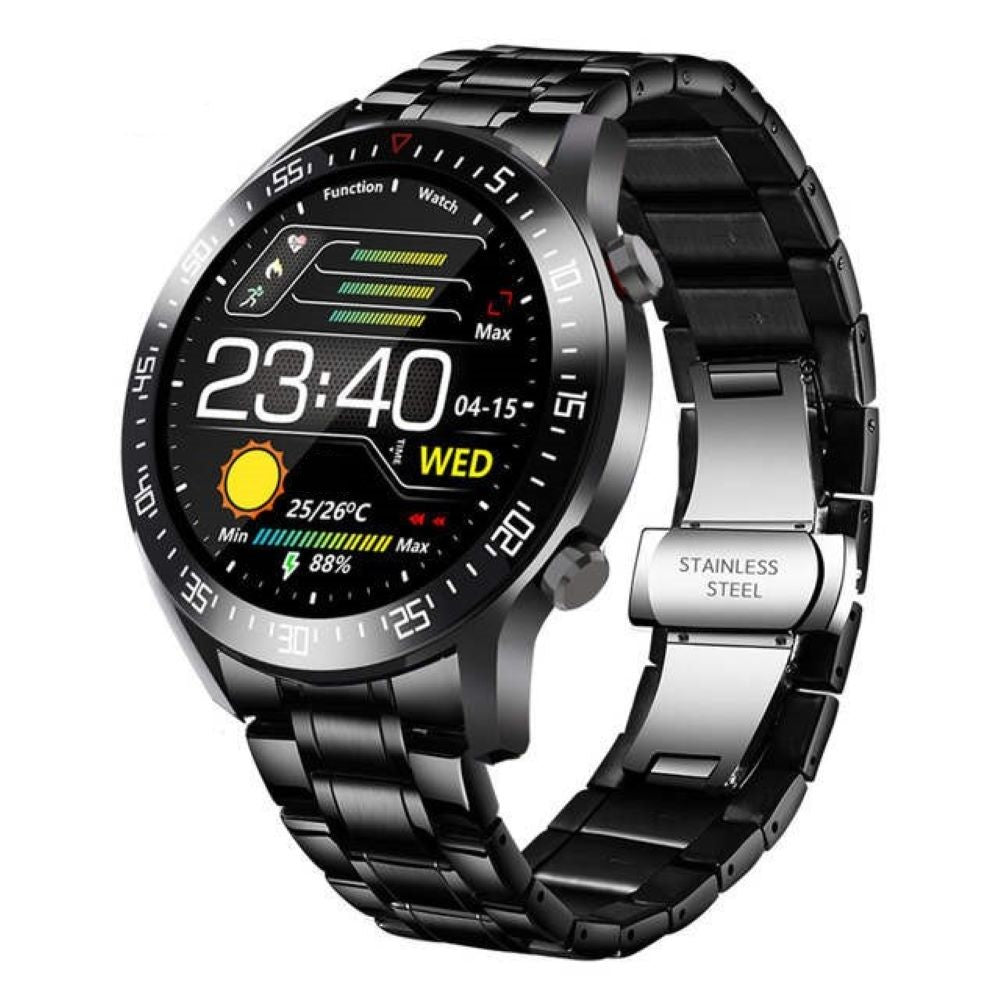 Nahaufnahme der Edelstahl-Smartwatch mit hellem Display, zeigt Uhrzeit, Herzfrequenz & Benachrichtigungen.
