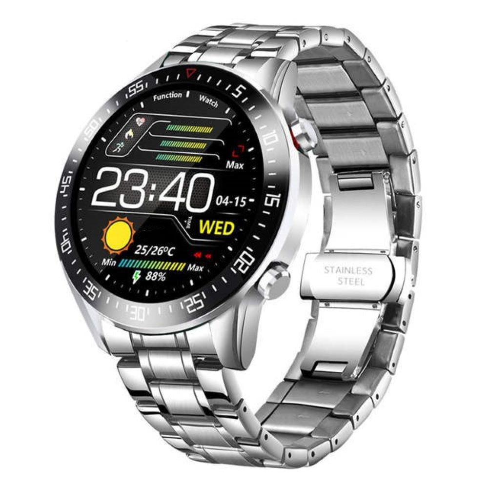 Elegante Unisex Smartwatch aus gebürstetem Edelstahl, mit klarem, reaktionsschnellem Display.
