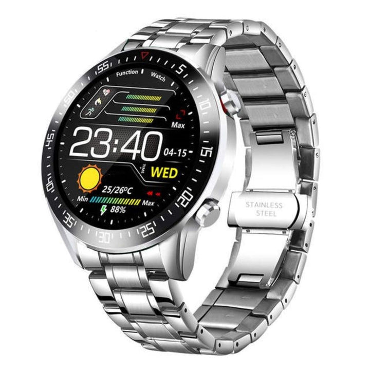 Elegante Unisex Smartwatch aus gebürstetem Edelstahl, mit klarem, reaktionsschnellem Display.