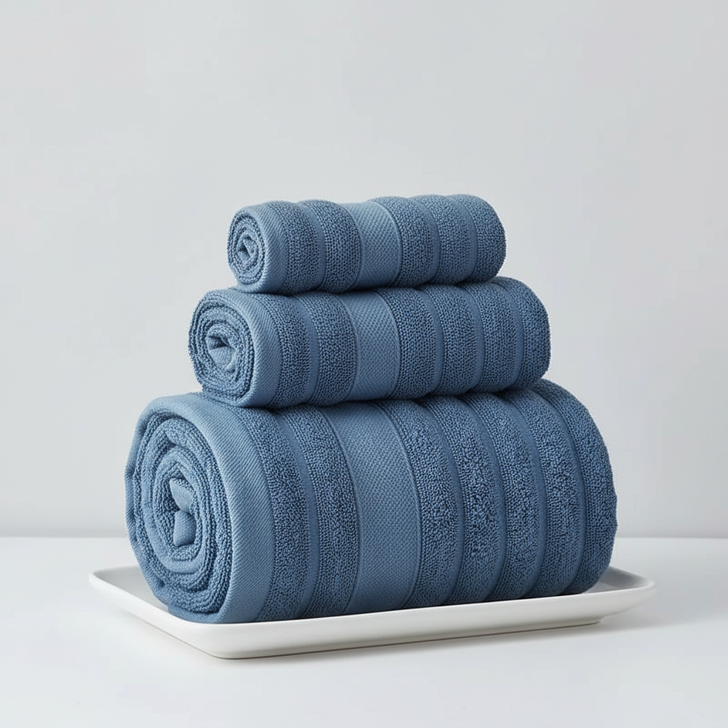 Flauschiges Frottee-Handtuchset aus Baumwolle für Komfort und Weichheit im Badezimmer.