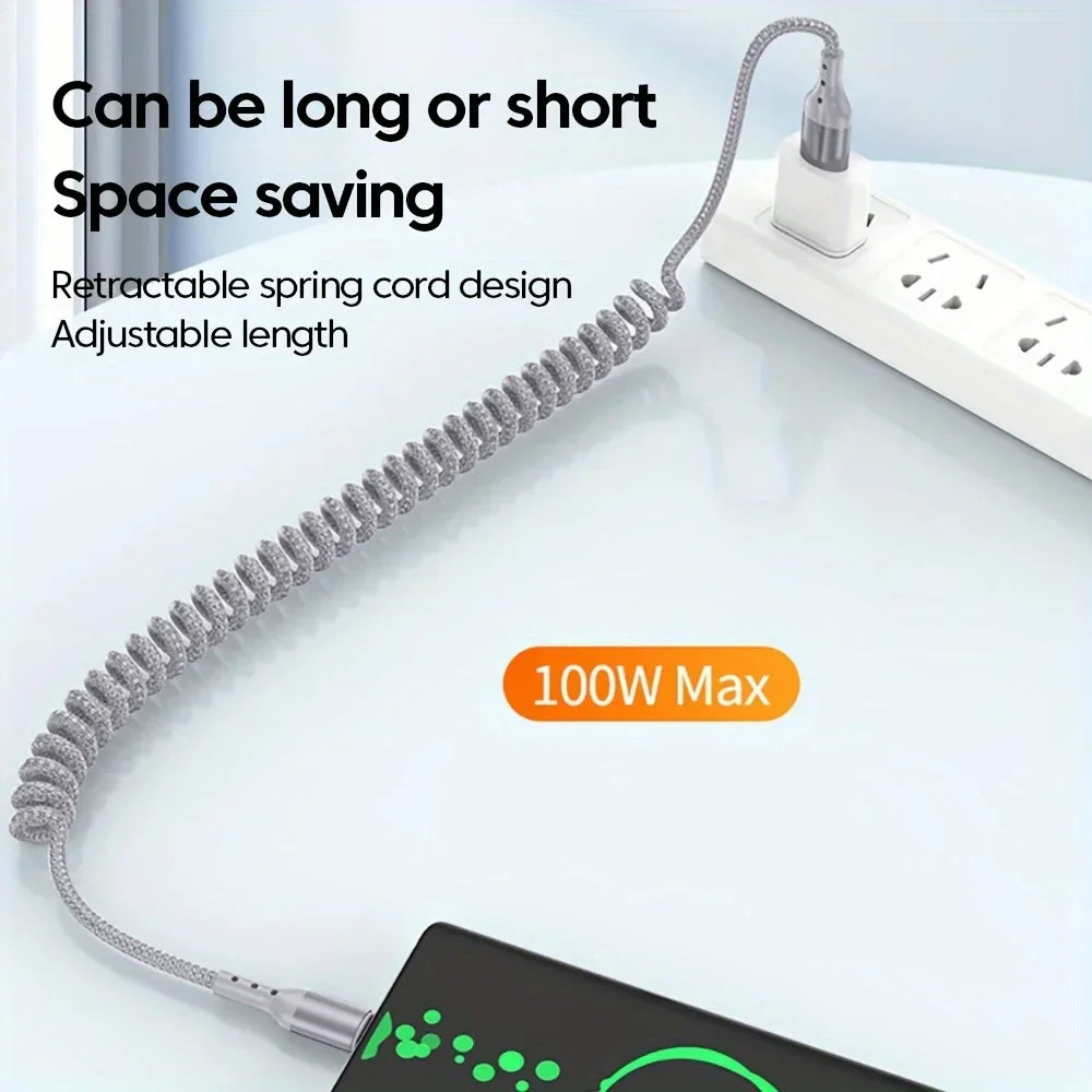 Robustes 100W USB-C Ladekabel mit Feder-Design für lange Haltbarkeit. Schnellladung & Daten.