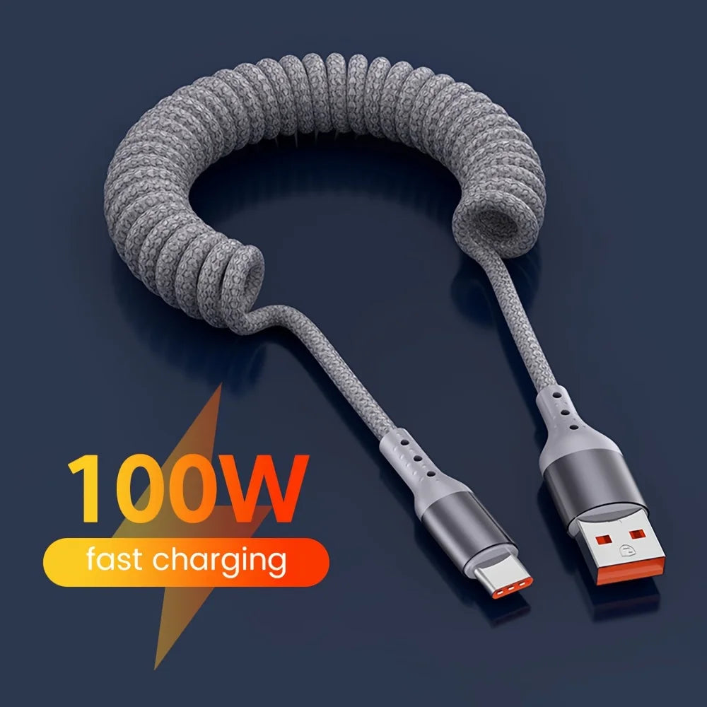 Schnelllade-Federkabel 100W USB-C für Handy & Tablet. Effiziente Energieversorgung garantiert.