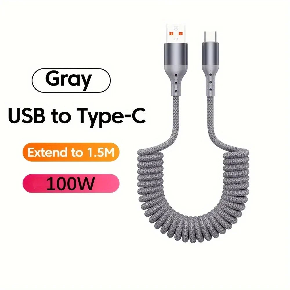 Vielseitiges 100W USB-C Federkabel für alle kompatiblen Geräte. Schnelllade- & Datenfunktion.