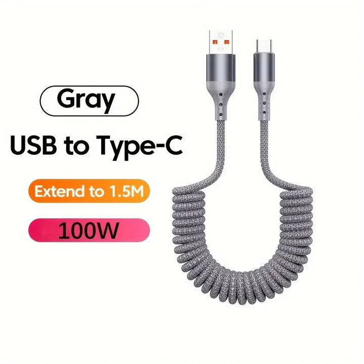 Vielseitiges 100W USB-C Federkabel für alle kompatiblen Geräte. Schnelllade- & Datenfunktion.