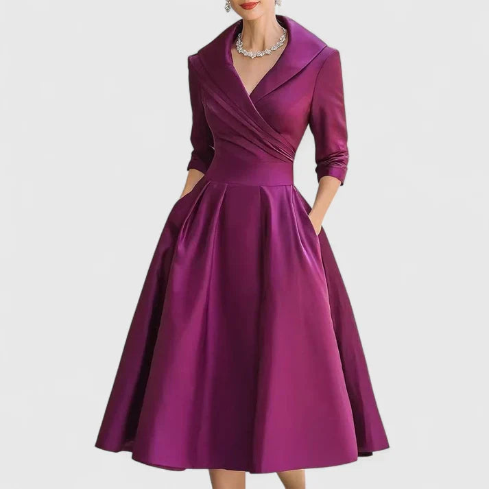 Damen Wickelkleid, modisches Sommerkleid mit V-Ausschnitt. Bequemes Midikleid mit 3/4-Ärmeln, auch als Bürokleid.