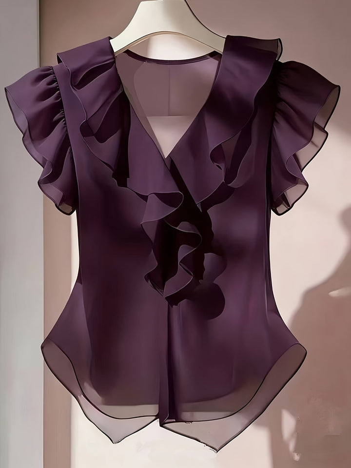 Damen Rüschenbluse mit V-Ausschnitt & Volantärmeln, elegant für Büro & Anlässe.
