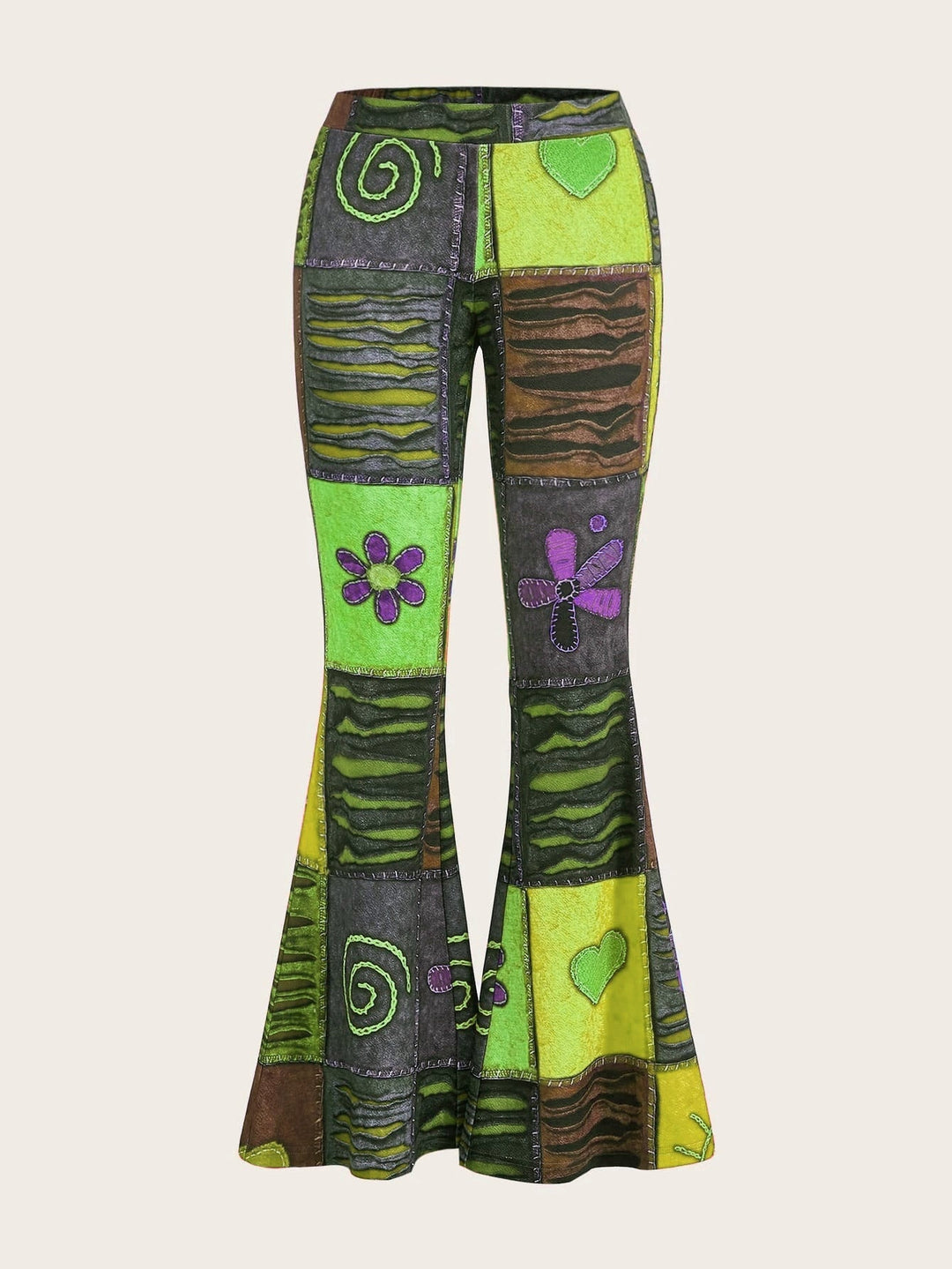 Sommerliche Damen Bootcut-Hose mit künstlerischem abstraktem Muster. Mittelhoher Bund, bequem & stilvoll.