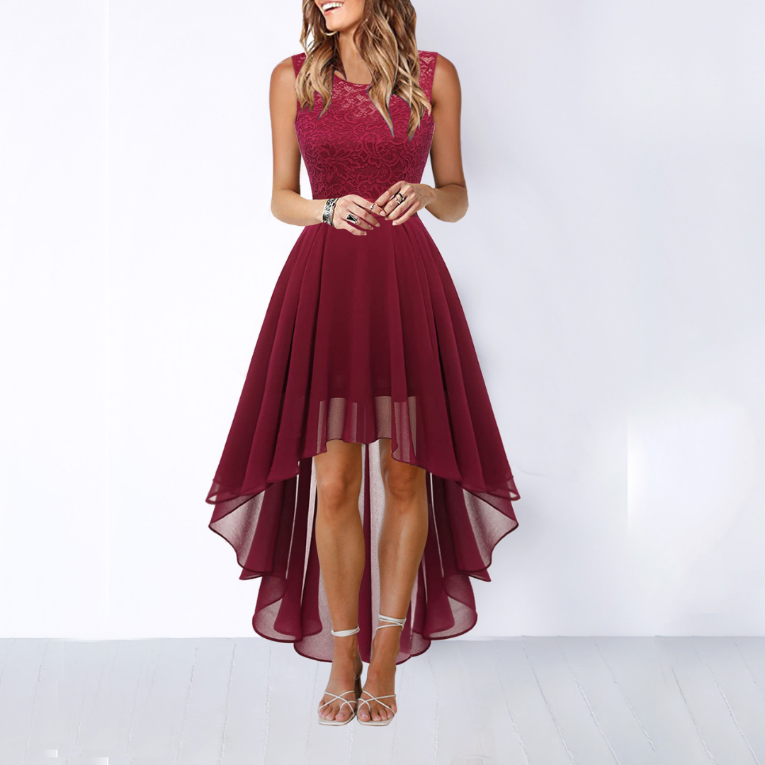 Chic High-Low Midikleid für Damen, vielseitig als Partykleid oder elegantes Sommerkleid für Gäste.