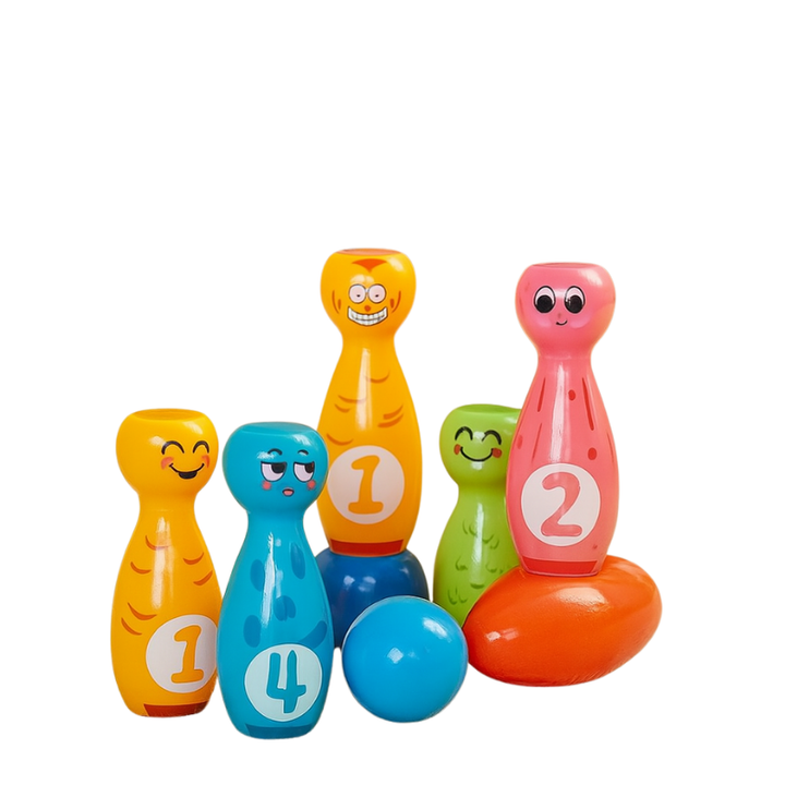 Buntes Kinder Bowling Set mit lustigen Cartoon-Kegeln für drinnen & draußen. Ideales Bewegungsspiel für Motorik & Familienspaß.