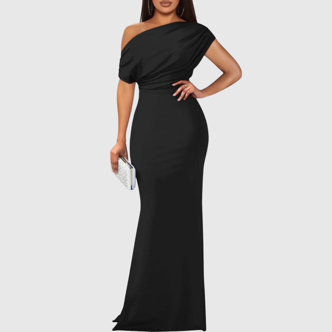 Damen Formelles Ein Schulter Maxikleid in Schwarz von vorne präsentiert
