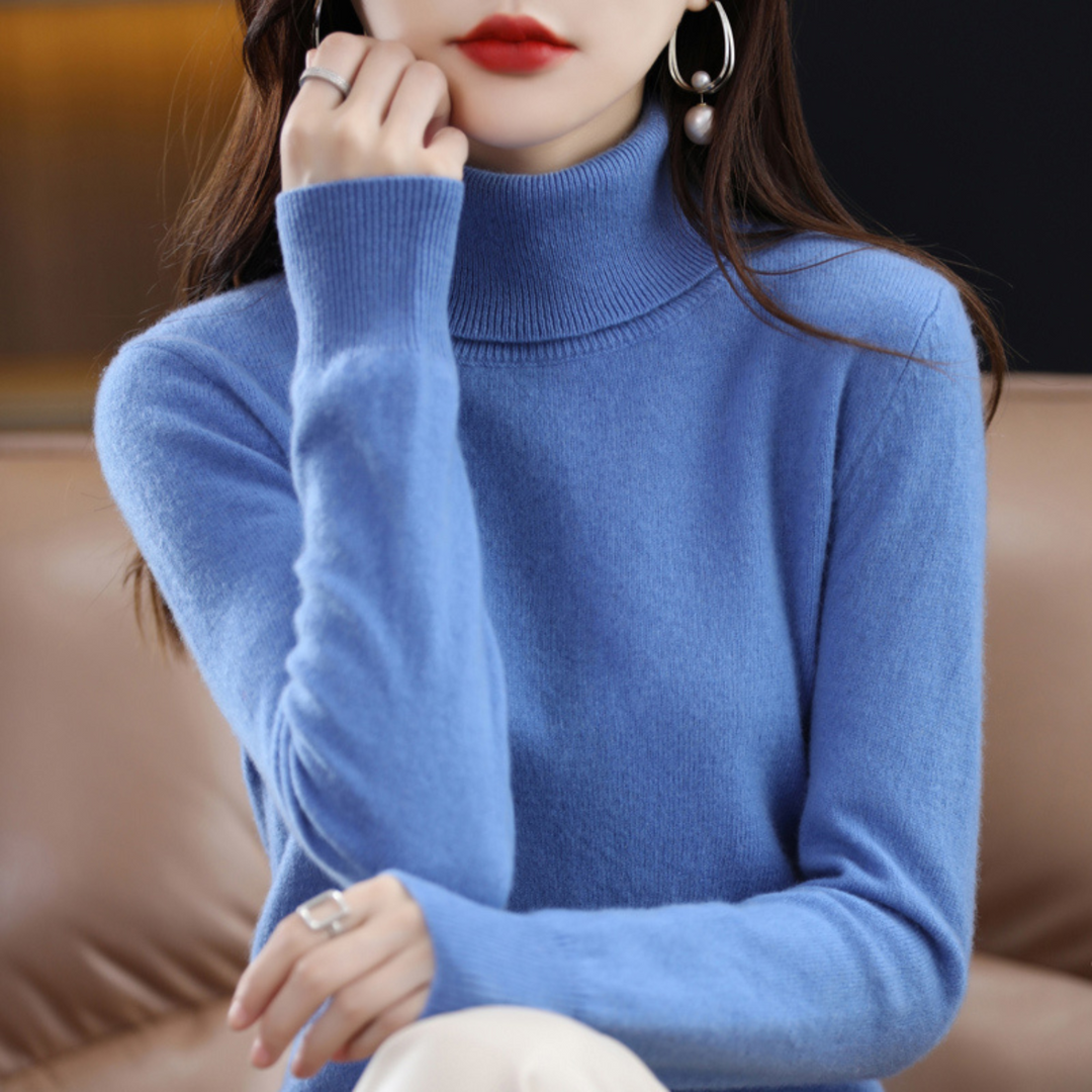Stilvoller Damen-Rollkragenpullover Elena aus feinem Kaschmir. Perfektes Oberteil für Herbst- und Wintermode.