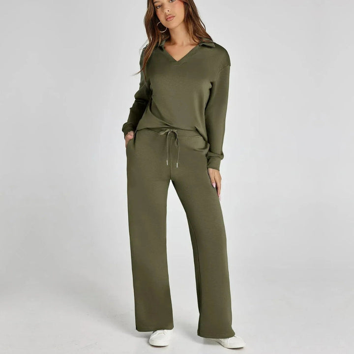 Gemütliches Loungewearset: Damen V-Ausschnitt Pullover & weite Hose, perfekt für Zuhause.