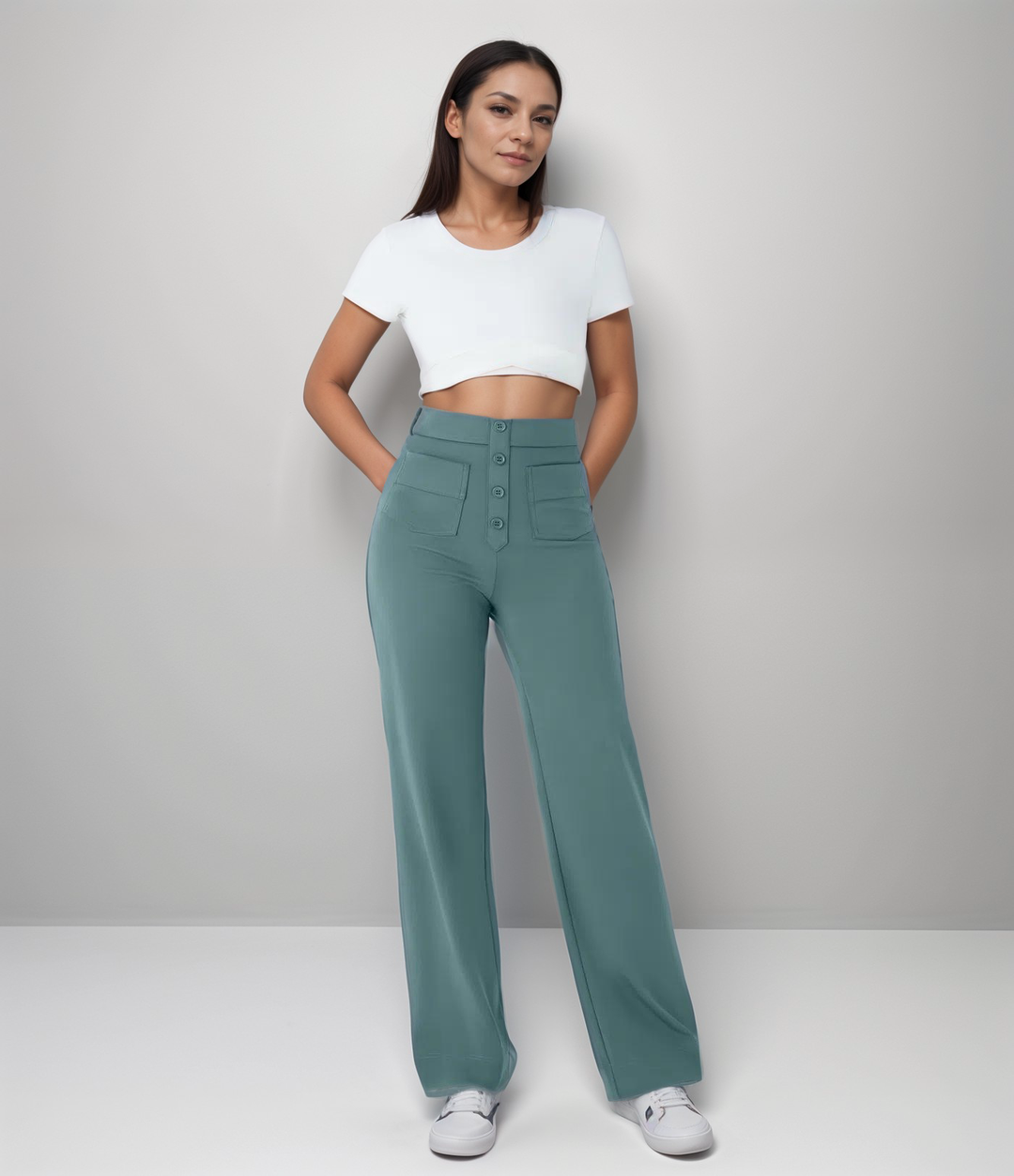 Vielseitige Damen Freizeithose, High Waist, weites Bein, elastisch, komfortabel für jeden Anlass.