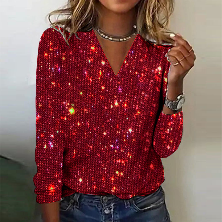 Elegante Damen Glitzerbluse mit V-Ausschnitt, langen Ärmeln, ideal als Abendmode und Party Oberteil.