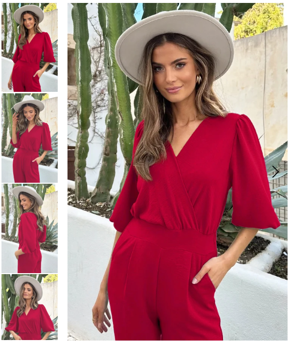Eleganter grüner Damen Jumpsuit mit 3/4 Ärmeln & V-Ausschnitt. Taillierter Schnitt, ideal für Business Casual.