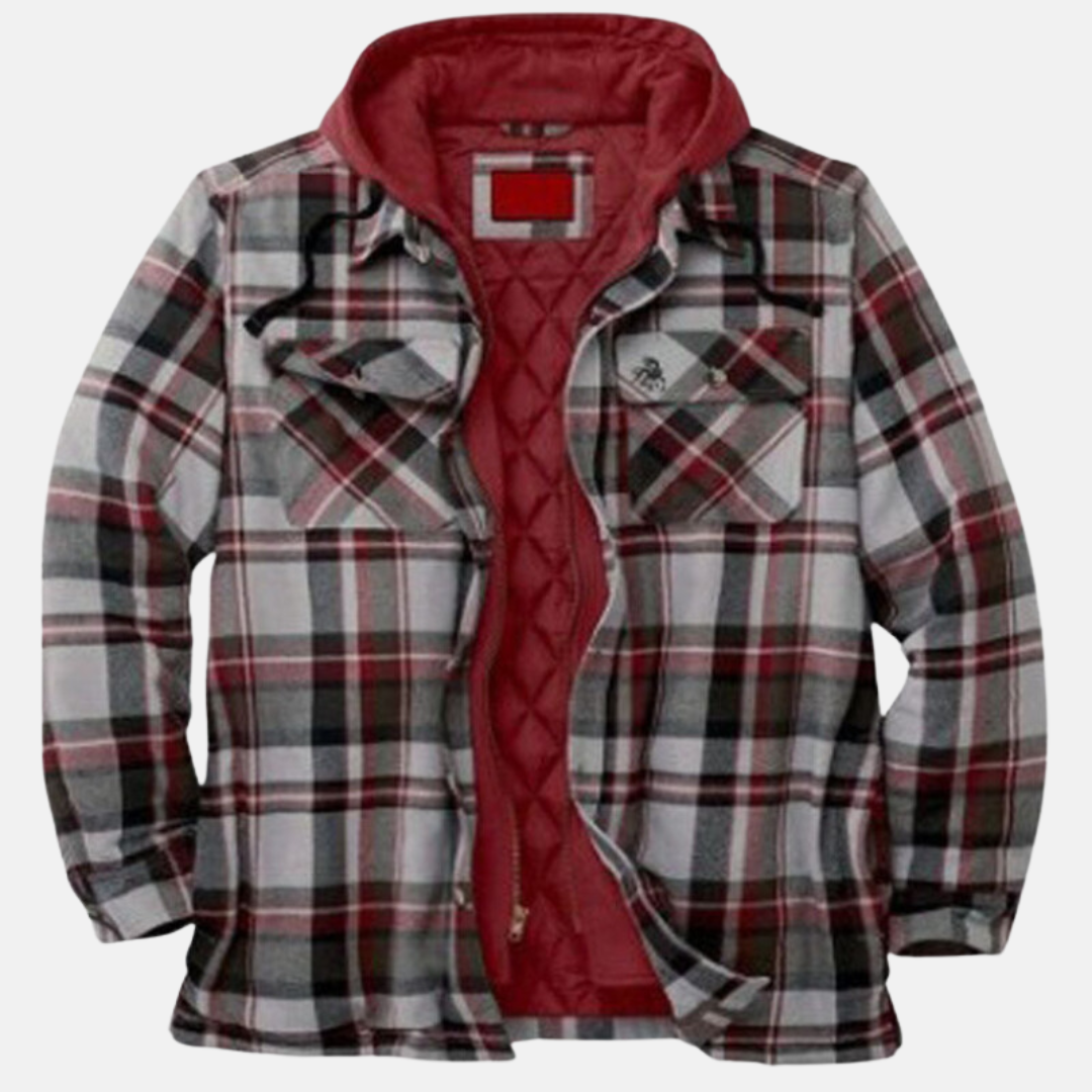 Detailaufnahme der karierten Herren-Winterjacke mit Knöpfen, stilvoll & bequem für Freizeit & Herbstmode.