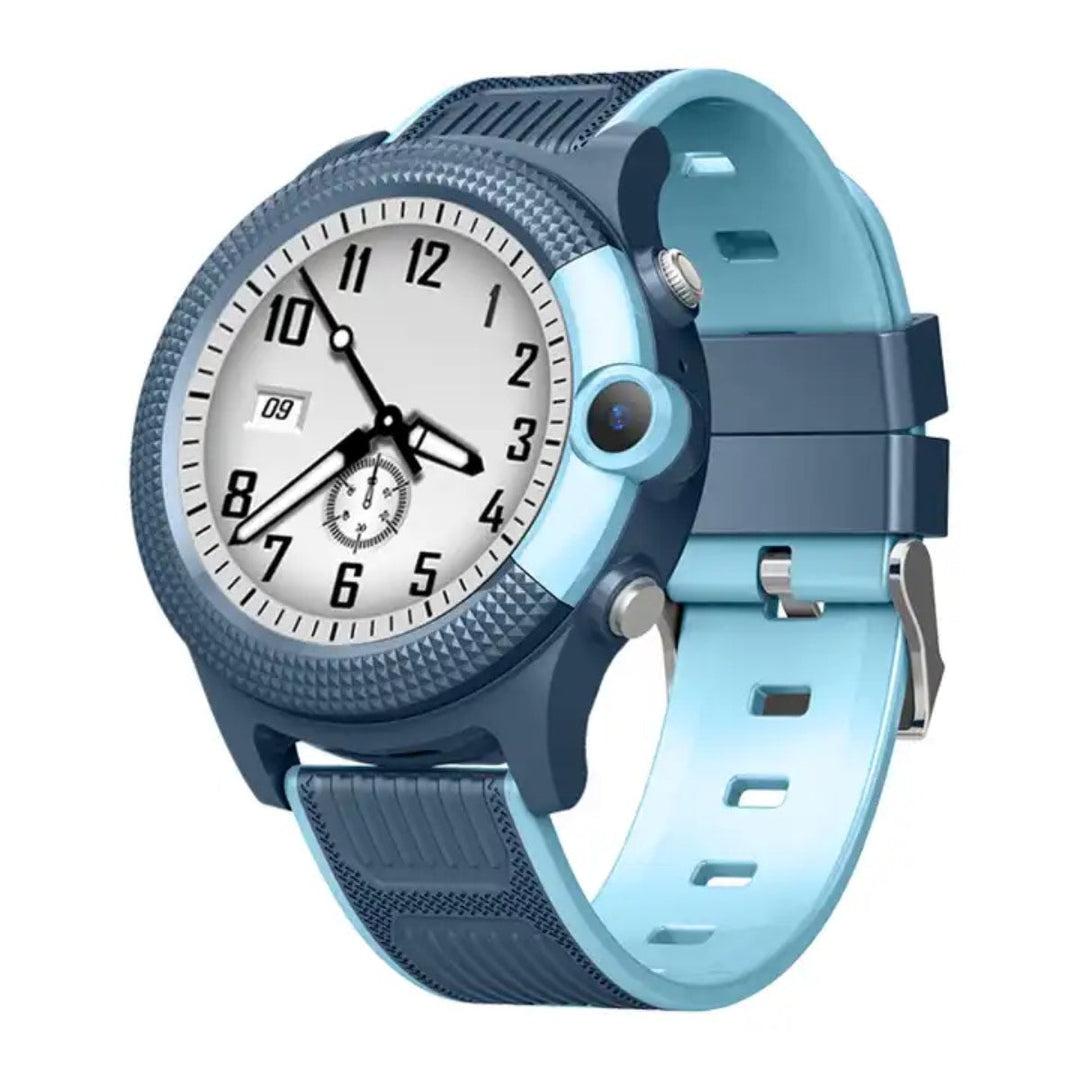 Ansicht der Verpackung einer sicheren Kinder Smartwatch mit GPS, Kamera und SIM-Karte.