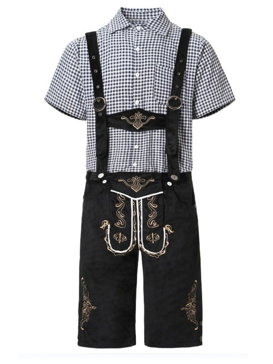 Klassisches Herren Oktoberfest Outfit mit kariertem Hemd, bequemen Lederhosen und traditionellen Hosenträgern.