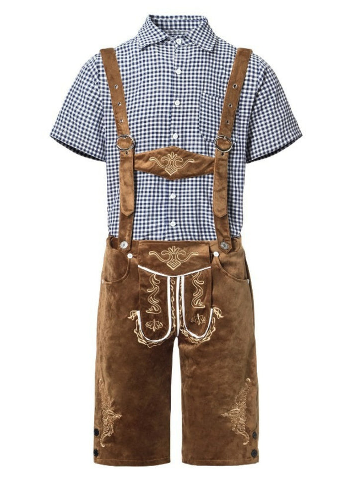 Hochwertige Herren Lederhosen, kariertes Trachtenhemd und traditionelle Hosenträger für Oktoberfest.