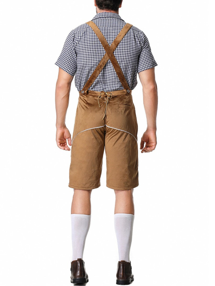 Detailansicht: Bestickte Herren Lederhosen und Hosenträger, Teil eines Oktoberfest Trachten-Outfits.