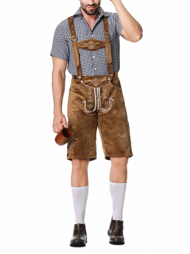 Stilvolles Herren Oktoberfest Lederhosen Outfit mit Hemd und Hosenträgern. Perfekte bayerische Festkleidung.