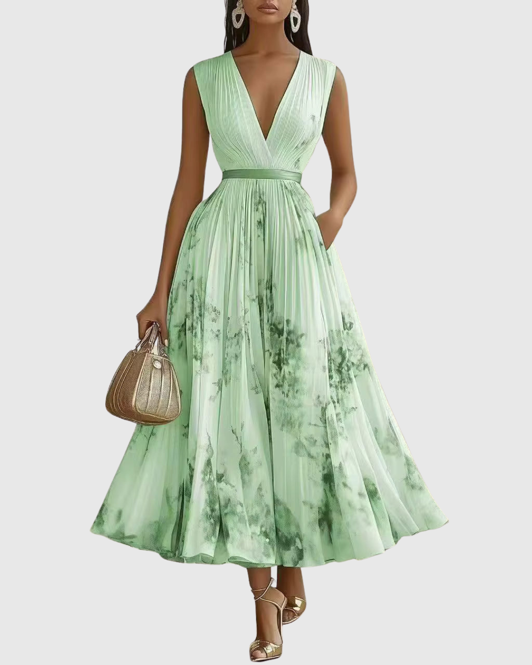 Sommerliches Damen Blumenmuster Midi-Kleid, plissiert & ärmellos. Für Freizeit & Eleganz.