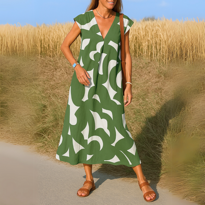 Vielseitiges Damen V-Ausschnitt Sommerkleid, perfekt als Freizeitkleid, für den Urlaub oder elegante Anlässe.