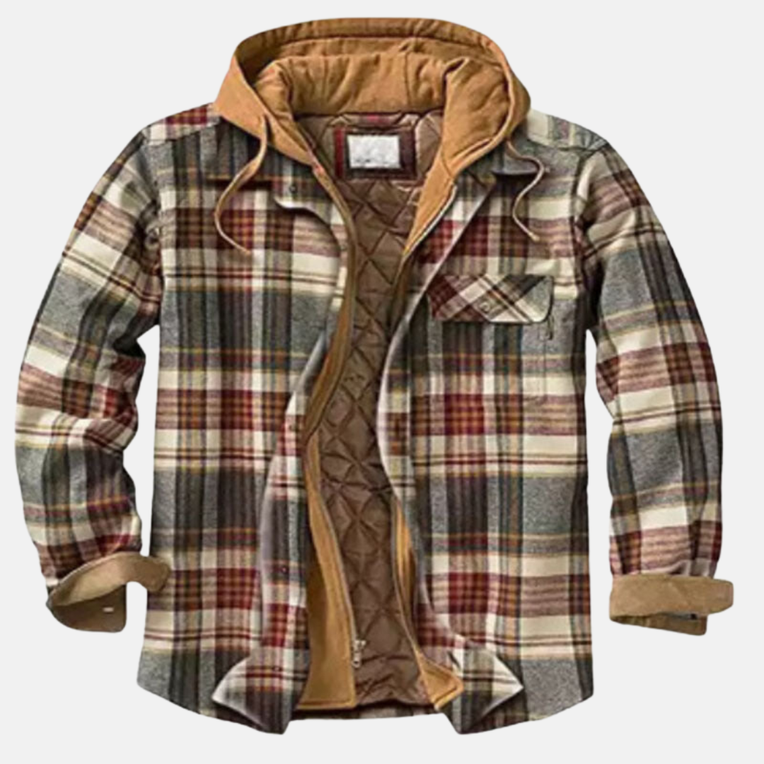 Seitenansicht der karierten Herren-Winterjacke, modern, funktional & warm für kalte Tage.